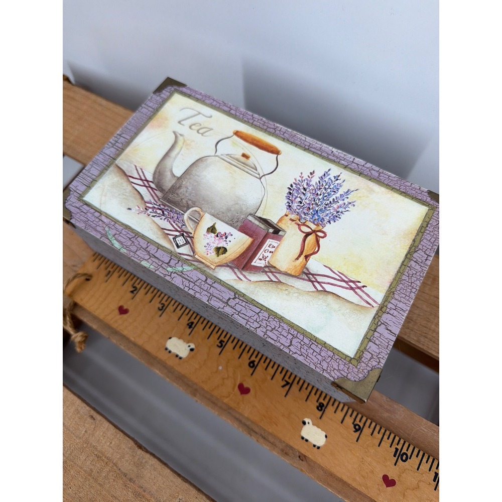 Vintage Style Wooden Tea Box 6 Compartment Lavender Crackle Finish Tea Chest